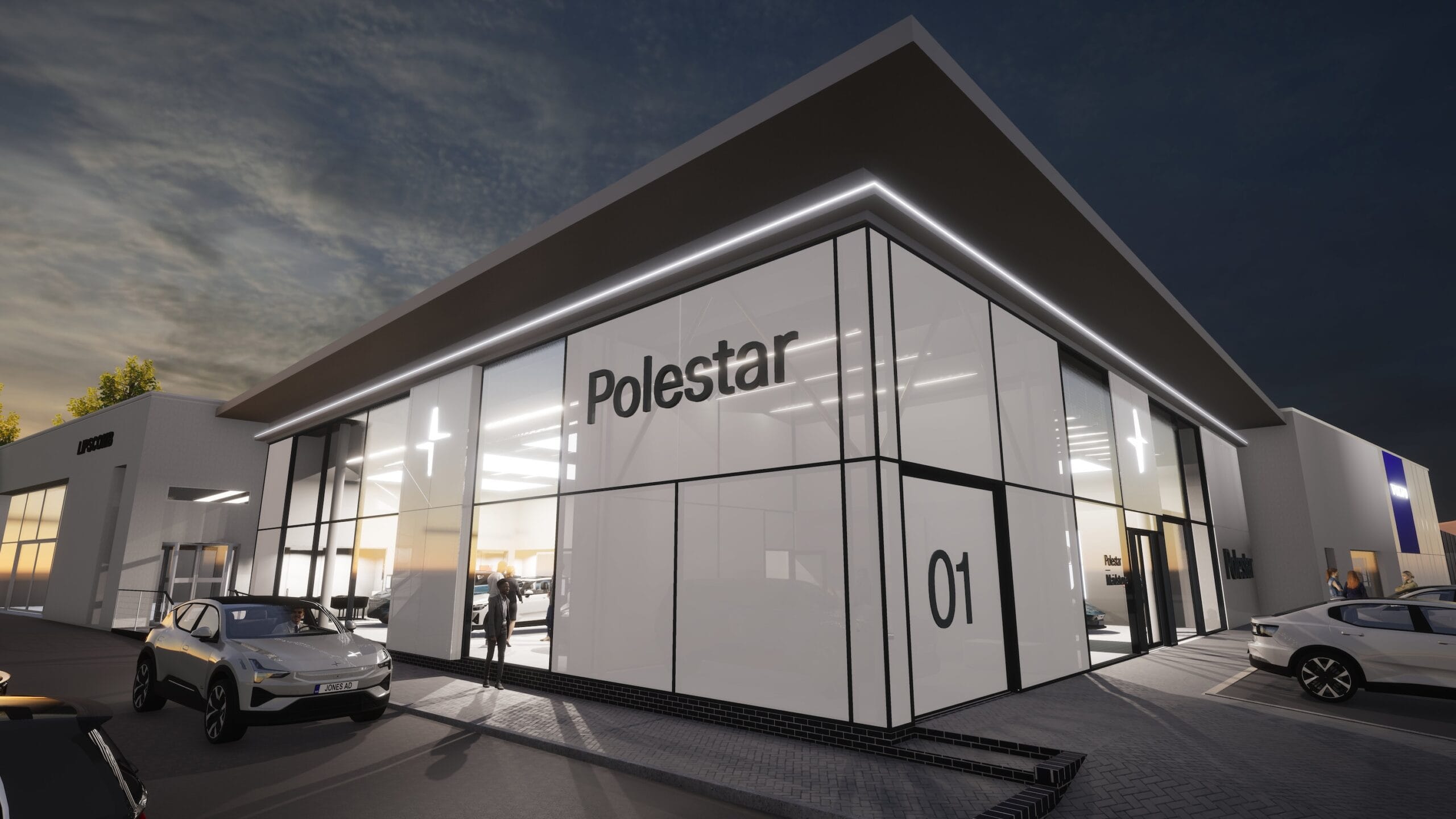 Polestar car showroom exterior at dusk.