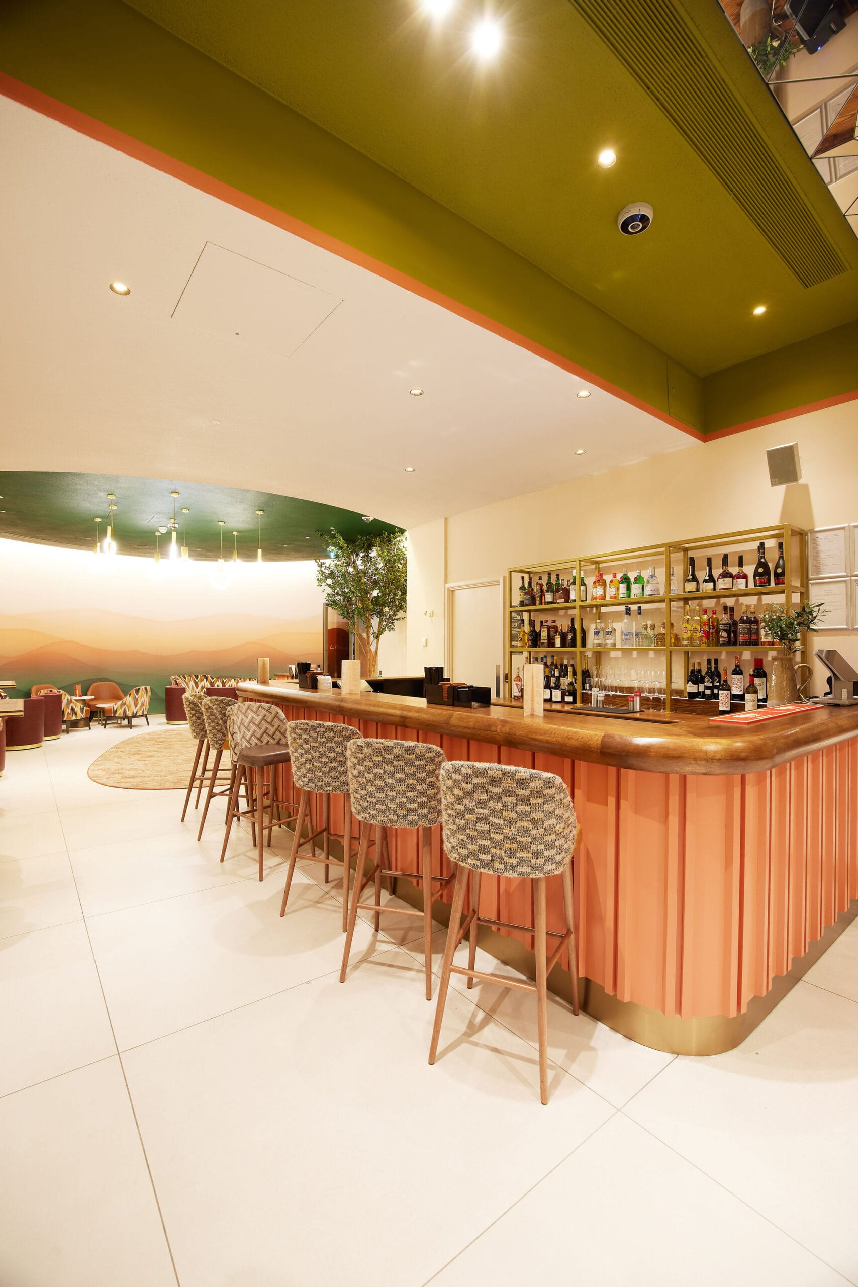 Modern bar interior with stylish seating and lighting