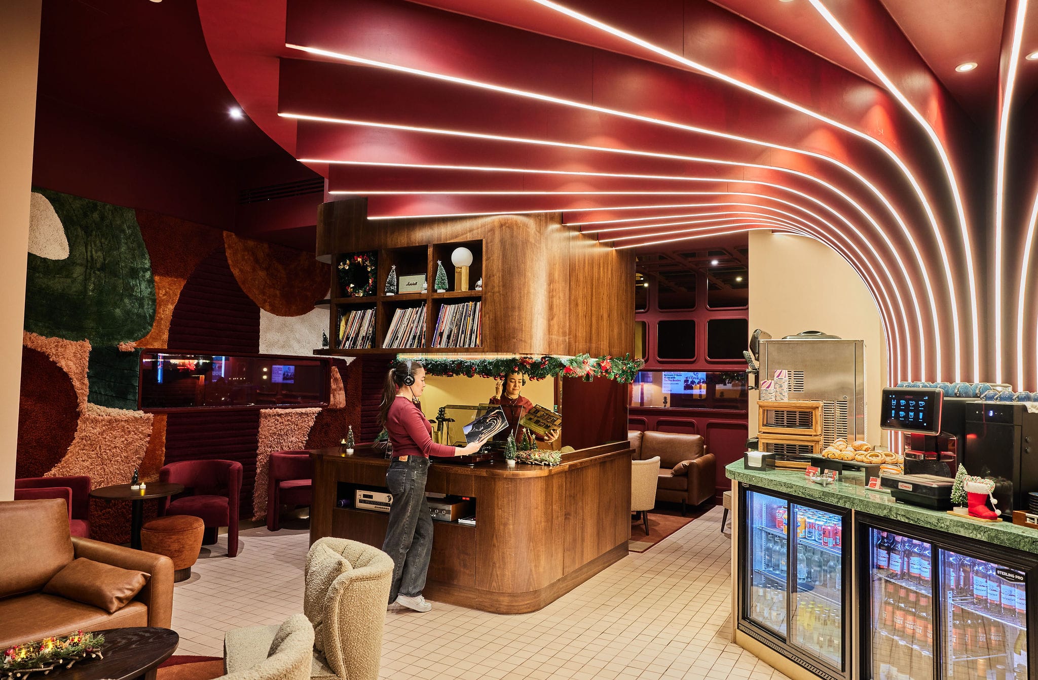 Modern café with warm lighting and retro interior design